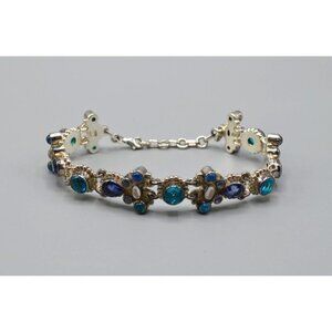 Sajen Blue Topaz Stone & Sterling Silver Link Chain Bracelet 925 Stamp 35.71g 9"